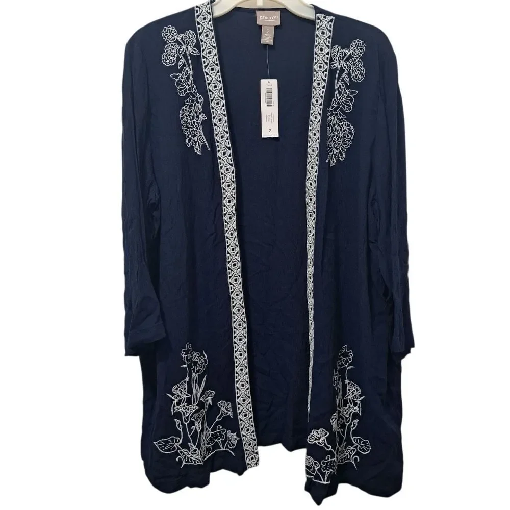 Chico's Floral Embroidery Pattern Crinkle Open Front Cardi Jacket Midnight Sz 2